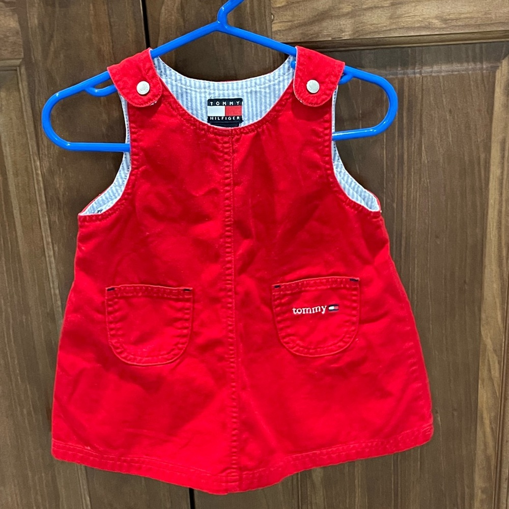 Tommy Hilfiger Infant Girl’s Red Overall Denim Dress Size 6-12 Months